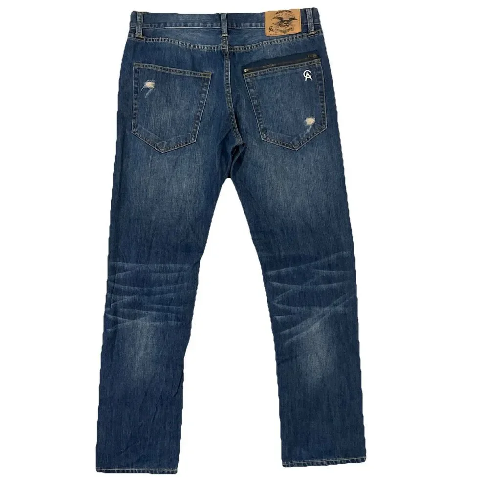 Christian Audigier Denim Men's 32x32‎ (34x32) Blue Distressed Straight Leg Jeans